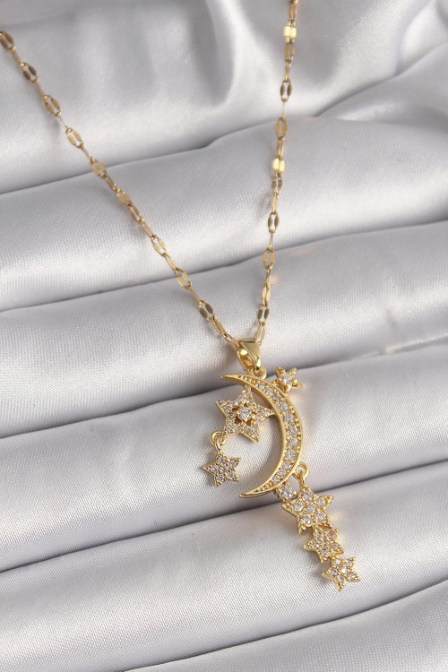 Çelik Gold Renk Zincir Zirkon Taşlı Hilal Yıldız Figür Sallantı Detay Kadın Kolye