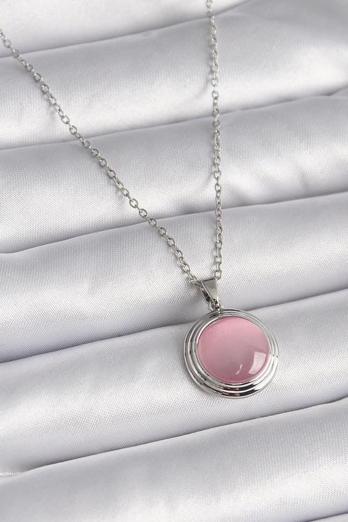 Çelik Gümüş Renk Daire Pembe Sedefli Model Kadın Kolye