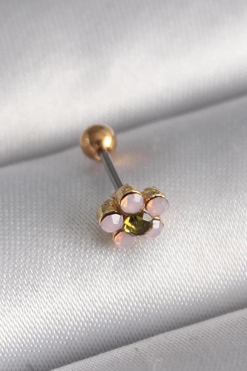 Çelik Gold Renk Zirkon Taşlı Çiçek Tragus Piercing