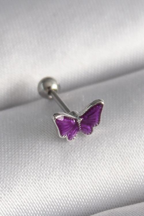 Çelik Gümüş Renk Mor Kelebek Model Tragus Piercing