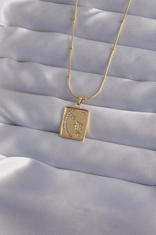Çelik Zincir Gold Renk Zirkon Taşlı Ay Yıldız Figürlü Tarot Kolye