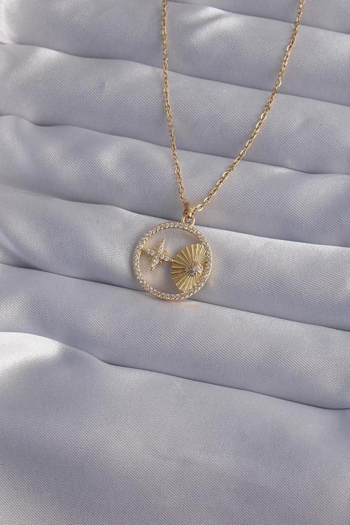 Çelik Zincir Gold Renk Zirkon Taşlı Yıldız Figürlü Oval Kolye