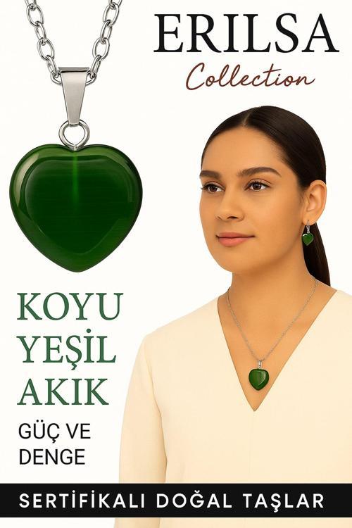 Sertifikalı Kalp Model Koyu Yeşil Akik Taşı Kolye – Denge, Koruma ve Ruhsal Güç Sembolü