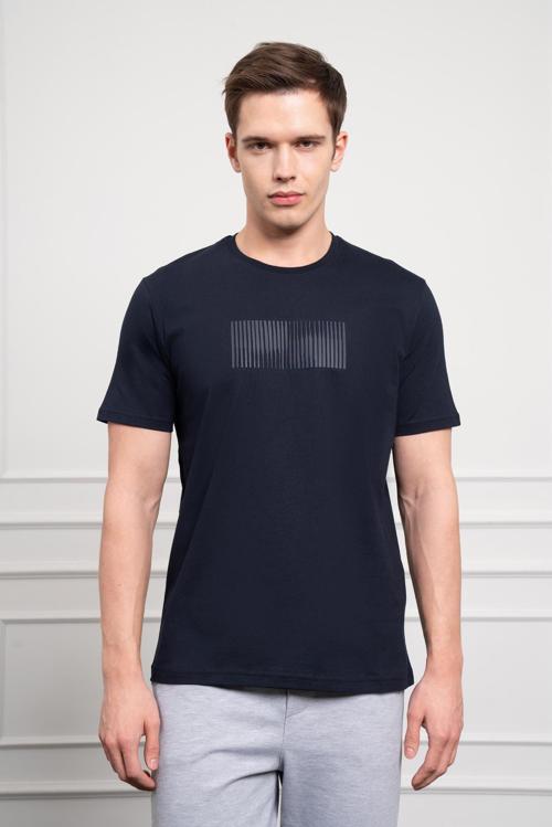  Erkek Lacivert Trend Bisiklet Yaka Pamuk Dinamik Fit T-Shirt
