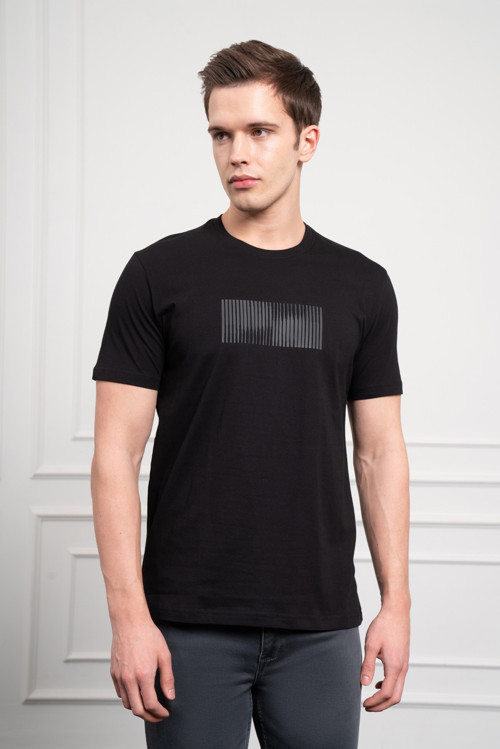 Erkek Siyah Trend Bisiklet Yaka Pamuk Dinamik Fit T-Shirt