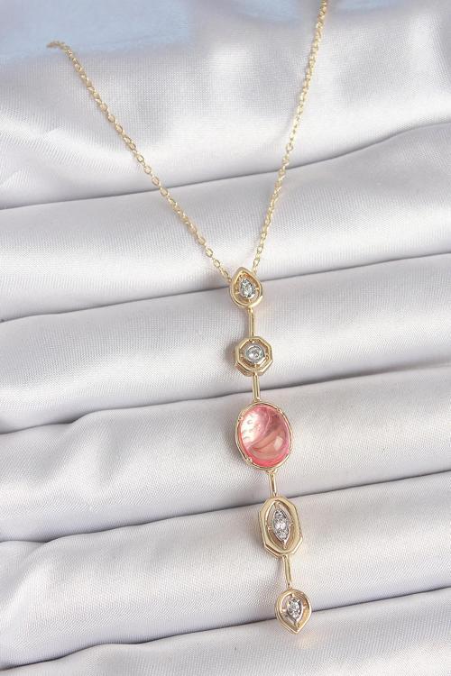 Pirinç Zincir Pembe Gold Renk Zirkon Taşlı Y Kolye - EBJ250530W34276