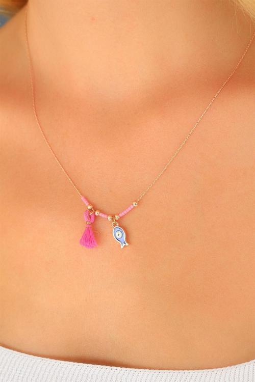 Nazar Boncuklu Pembe Renk Taşlı Rose Bayan Kolye - EBJ250519W33886
