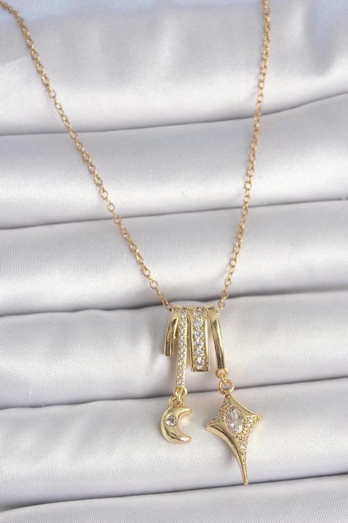 Gold Renk Zirkon Taşlı Sallantı Ay Yıldız Figür Charm Kadın Kolye -  EBJ250510W33765