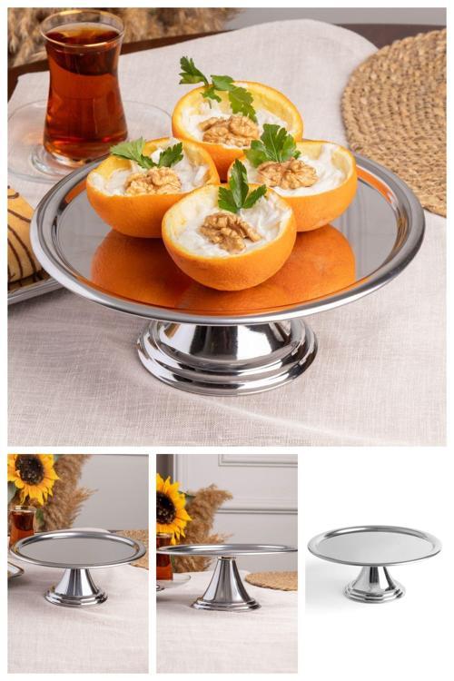 Gümüş Yuvarlak, Ayaklı Şık Kek, Pasta, Kurabiye ve Tatlı Servis Sunum Standı