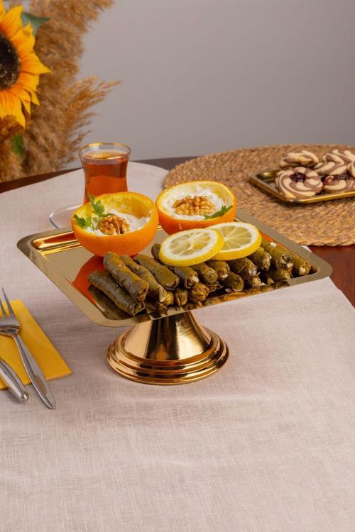Gold Kare, Ayaklı Şık Kek, Pasta, Kurabiye ve Tatlı Servis Sunum Standı