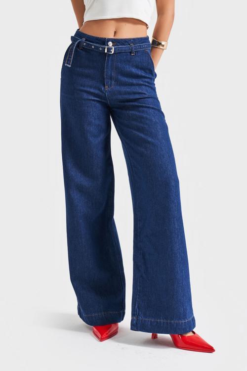 Kadın İndigo Renk 7s5-50/1 Wide Leg Fit Kemer Detaylı Tensel Viscon Kumaş %100 Koton Denim Jean