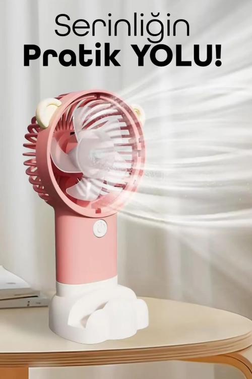 Şarjlı Telefon Standlı Mini El Fanı Sessiz Taşınabilir Masa Vantilatörü Pembe
