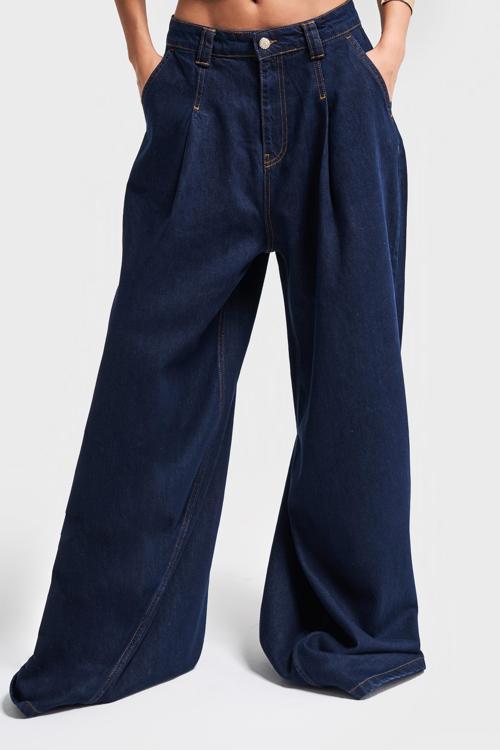 Kadın İndigo Renk 7s5-50 Palazzo Fit Süper Bol Kesim Pileli %100 Koton Denim Jean
