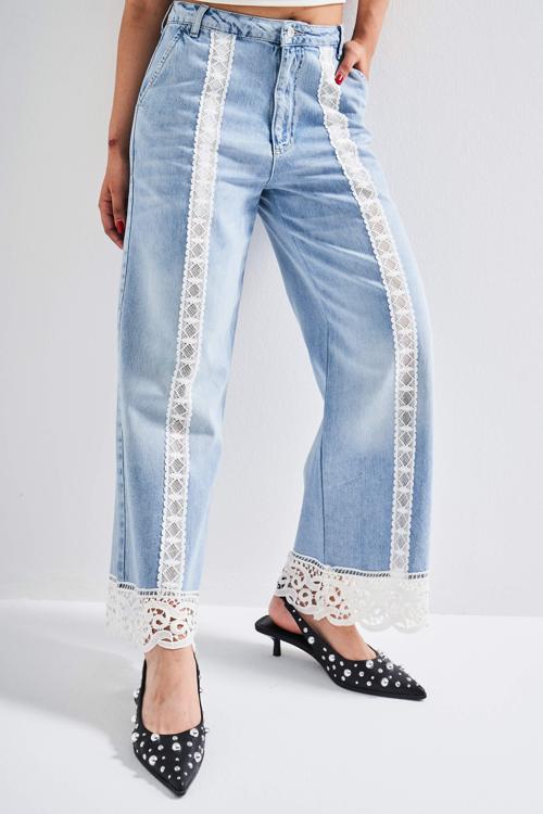 Kadın Kot Rengi 4s5-3 Straight Crop Fit Dantel Detaylı Özel Tasarım Denim Jean