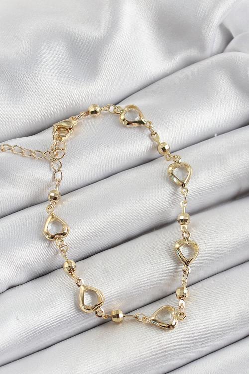 Pirinç Şeffaf Kalp Model Gold Renk Zirkon Taşlı Kadın Bileklik SL12193
