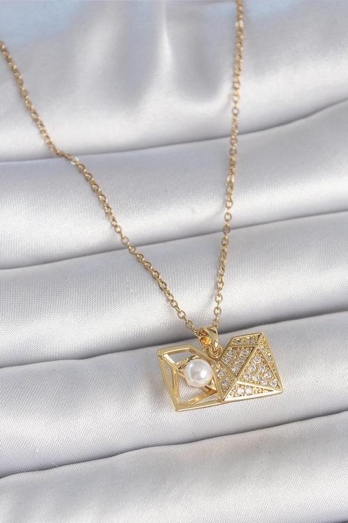 316L Çelik Gold Renk Zincir Zirkon Taşlı Açılır İncili Elmas Model Kadın Kolye SL11470