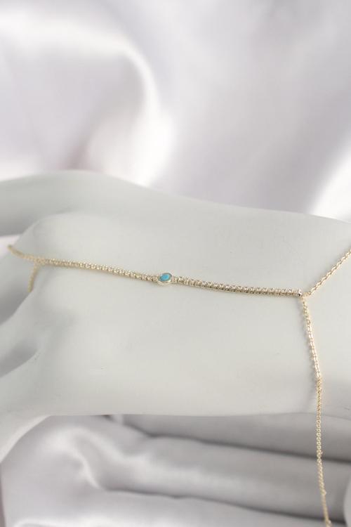 Pirinç Gold Renk Su Yolu Zirkon Taşlı Mavi Taş Detaylı Kadın Şahmeran SL11378