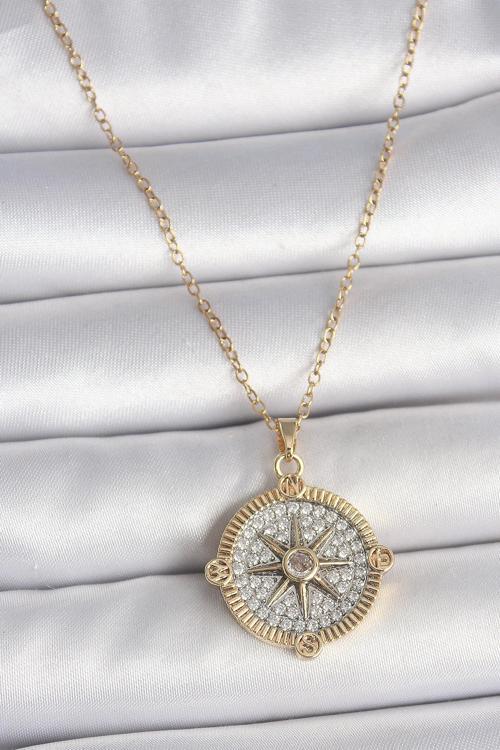 316L Çelik Gold Renk Zirkon Taşlı Pusula Model Kadın Kolye SL11581