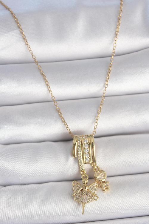 316L Çelik Gold Renk Zirkon Taşlı Sallantı Melek Figür Charm Kadın Kolye SL11587