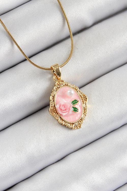 316L Çelik Zincir Pembe Sanatsal Portre İnci Detaylı Gül Figürlü Model Gold Renk Kadın Kolye SL12178