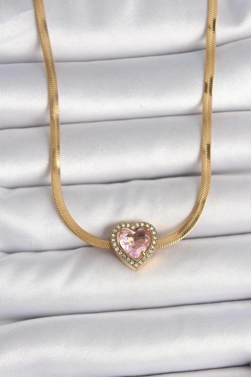 316L Çelik Gold Renk İtalyan Zincir Pembe Zirkon Taşlı Kalp Model Kadın Kolye SL11608
