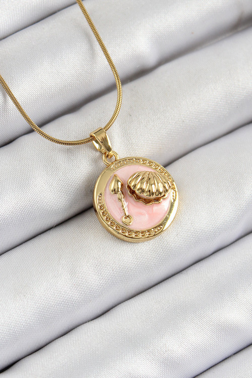 316L Çelik Zincir Pembe Mineli Sanatsal Portre İstiridye Model Gold Renk Kadın Kolye SL12165