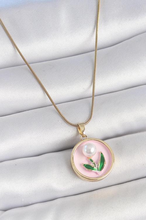 316L Çelik Gold Renk Zincir Pembe Mineli İncili Çiçek İşlemeli Portre Model Kadın Kolye SL11705