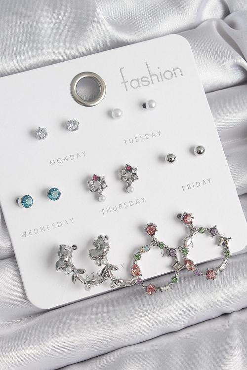 Pirinç Gümüş Renk Zirkon Taşlı Gül Figür Halka Model 7 Çift Kadın Küpe Seti SL11800