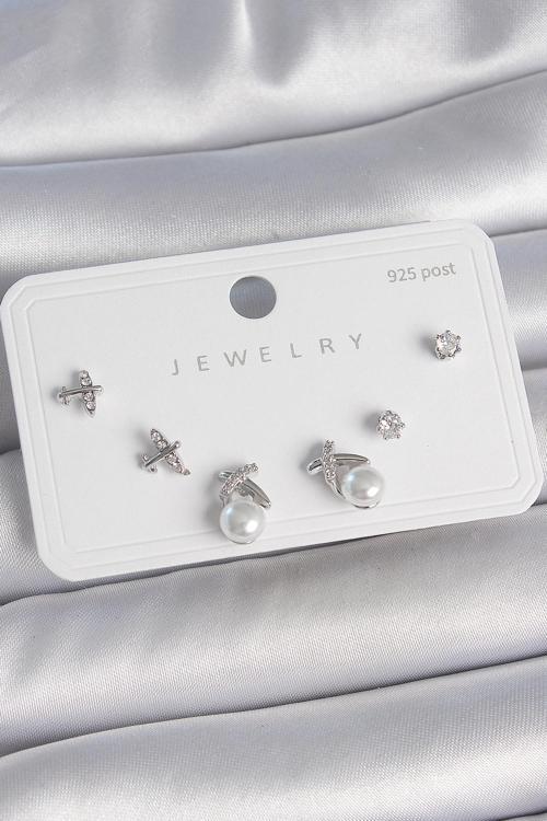 Pirinç Gümüş Renk Zirkon Taşlı Kelebek Model İnci Detay 925 Ayar Gümüş Çivi Kadın Küpe Seti SL11418