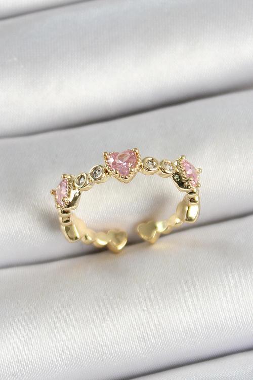 Pirinç Sıralı Kalp Figürlü Zirkon Taşlı Gold Renk Ayarlanabilir Kadın Yüzük SL11985