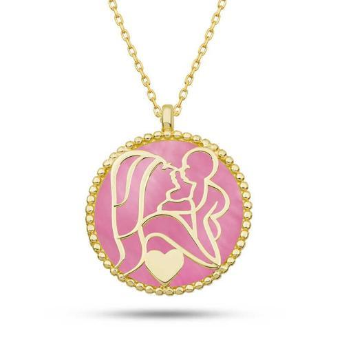 Gümüş Gold Pembe Sedef Taşlı Anne Çocuk Sevgisi Kolye SL12083