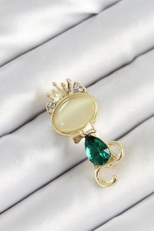 Yeşil Damla Zirkon Taşlı Kraliçe Taçlı Kedi Figürlü Gold Renk Kadın Broş SL12075