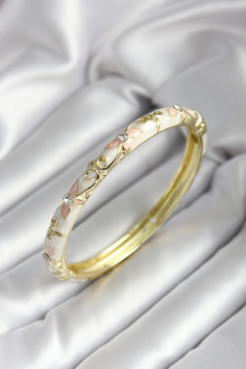 Mineli Pirinç Kırık Beyaz Çiçek Desenli Zirkon Taşlı Gold Renk Kadın Kelepçe SL11959