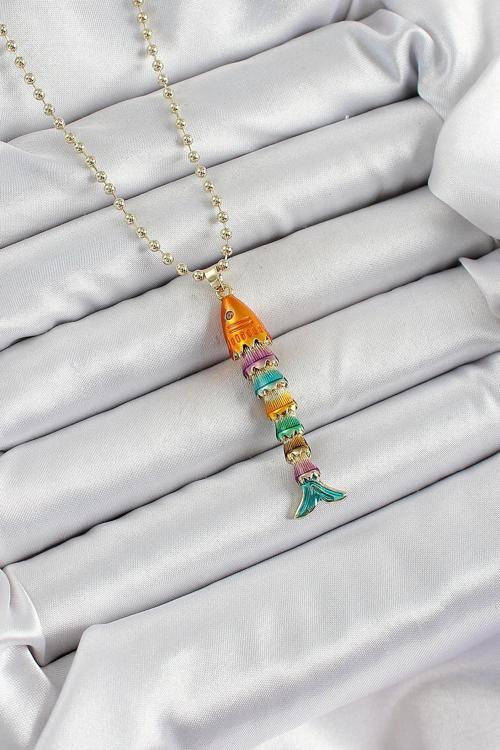 Pirinç Rainbow Balık Model Zirkon Taşlı Gold Renk Kadın Kolye  SL12140