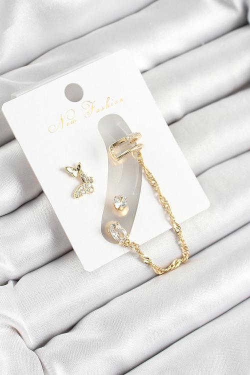 Pirinç Kelebek Figürlü Zirkon Taşlı Gold Renk 3'lü Kıkırdak Kadın Küpe Set SL12131