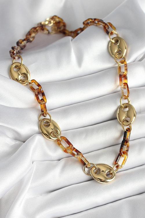 Leopar Desenli Mika Gold Renk Zincir Kadın Kolye SL11979