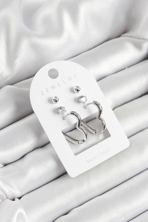 Pirinç Zirkon Taş Ve Kalp Figürlü Gümüş Renk 3'lü Çift Kadın Küpe Set SL12105