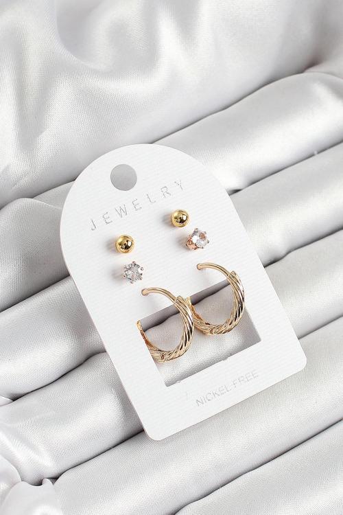 Pirinç Zirkon Taş Ve Halka Figürlü Gold Renk 3'lü Çift Kadın Küpe Set SL12113