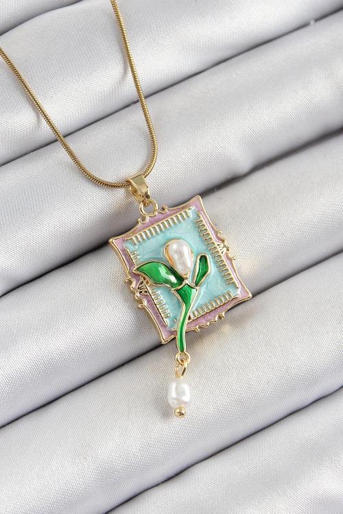 316L Çelik Zincir Turkuaz Sanatsal Portre Sallantılı İnci Detaylı Lale Model Gold Renk Kadın Kolye SL12177