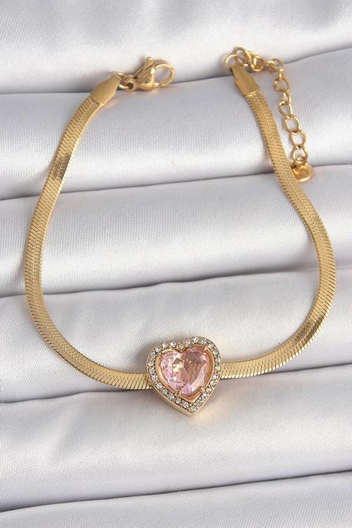 316L Çelik Gold Renk İtalyan Zincir Pembe Zirkon Taşlı Kalp Model Kadın Bileklik SL11620