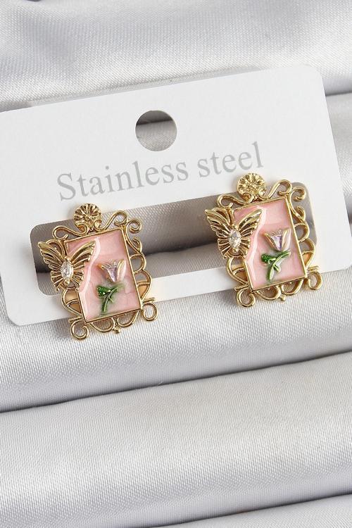 Pirinç Pembe Mineli Sanatsal Portre Model Gold Renk Kadın Küpe SL12227