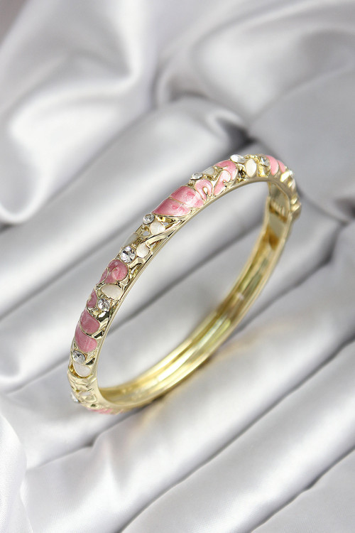 Mineli Pirinç Pembe Çiçek Desenli Zirkon Taşlı Gold Renk Kadın Kelepçe SL11957