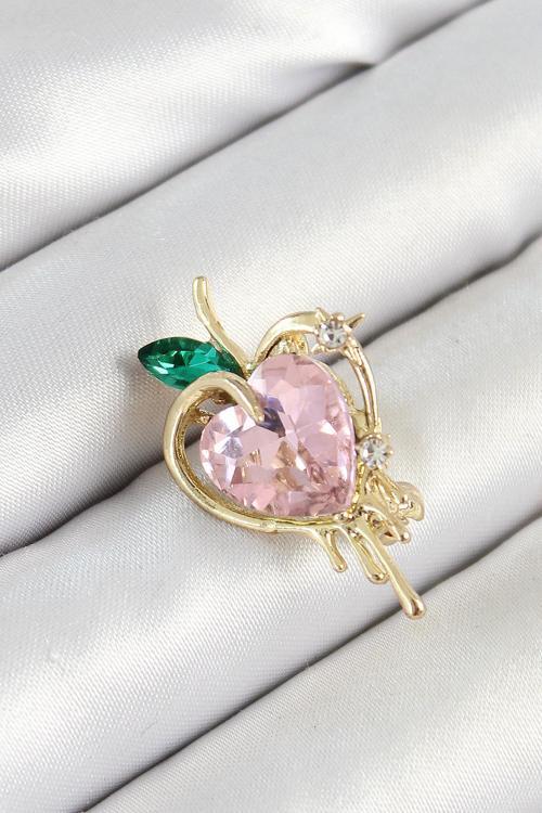 Pembe Ve Yeşil Zirkon Taşlı 3D Eriyen Kalp Figürlü Gold Renk Kadın Broş SL12063