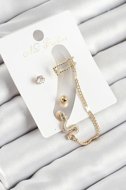 Pirinç Yılan Figürlü Zirkon Taşlı Gold Renk 3'lü Kıkırdak Kadın Küpe Set SL12125