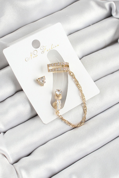 Pirinç Üçgen Figürlü Zirkon Taşlı Gold Renk 3'lü Kıkırdak Kadın Küpe Set SL12128