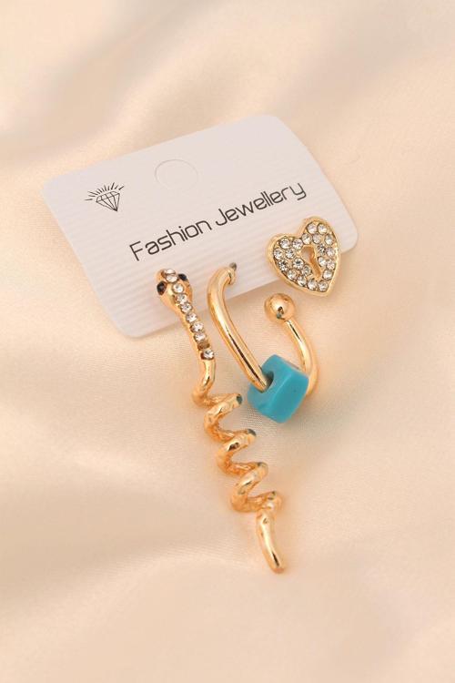 Gold Renk Metal Zirkon Taşlı Yılan ve Kalp Detaylı Küpe Seti SL11416