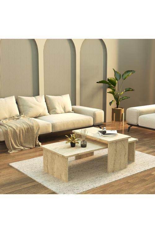 Cool Home Vera 2 ' li Orta Sehpa , Servis Sehpası Traverten (Mermer Desen)