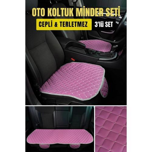 Opel Corsa Deri Silinebilir Cepli Oto Kılıf-Minder Oturak Seti (3 parça) Pembe