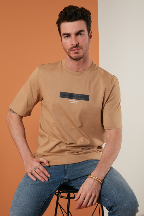 Baskılı Pamuklu Oversize Bisiklet Yaka Erkek T Shirt 5727401 VİZON