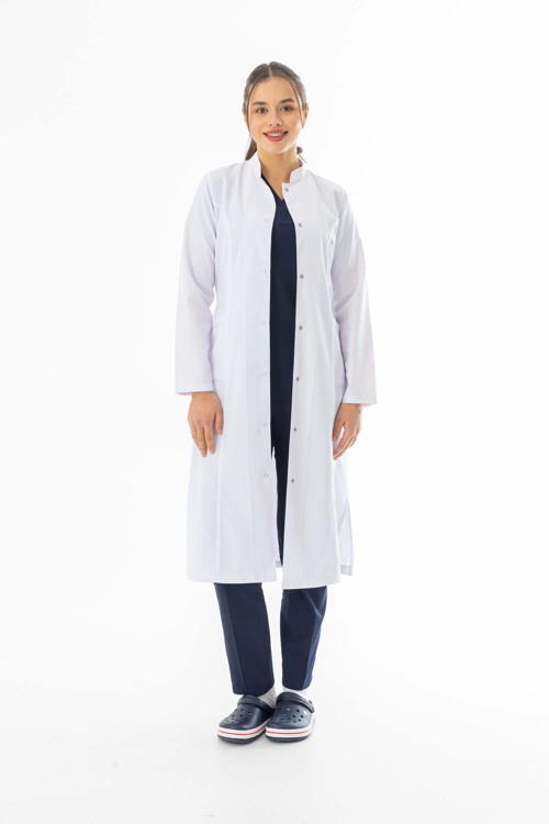 Hakim Yaka Maxi boy Kadın Doktor Önlüğü Alpaka Kumaş Beyaz (BKO004)